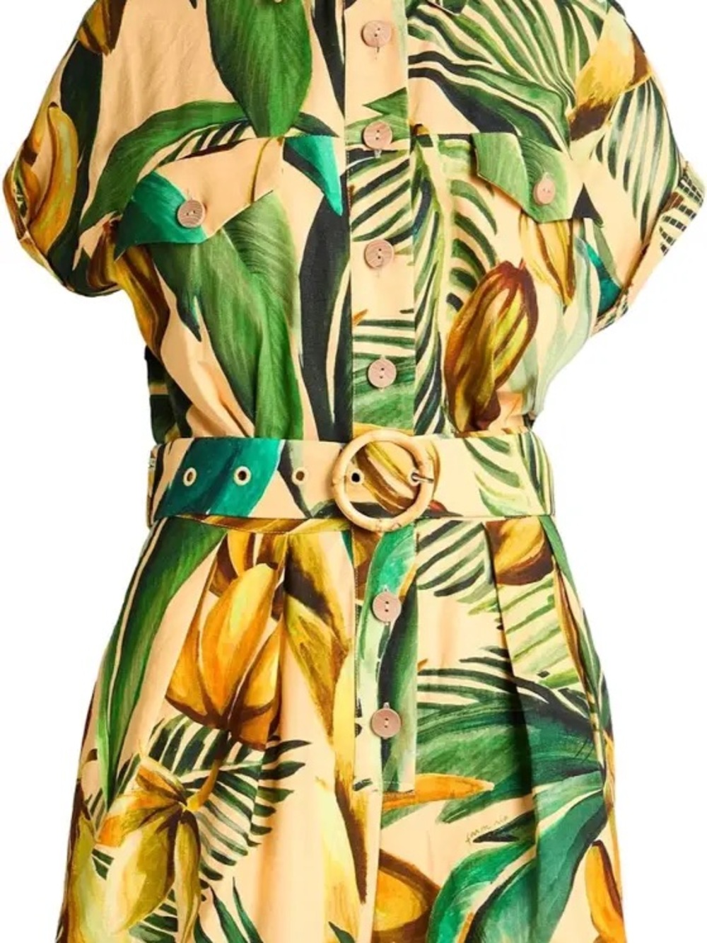 NWT FARM Rio Tropical Leaf Print Belted Jumpsuit — Green & Cream